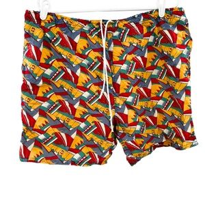 MTO vintage men's swim trunks vibrant geometric sailing pattern drawstring L